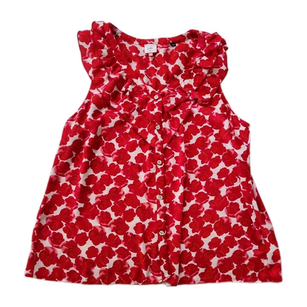 Romantic Ruffles! Cabi Rosy Sleeveless Top #4350 White  Red Chiffon Ex Cond XL